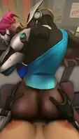 Symmetra makes out with Zarya while taking Tracer's dick